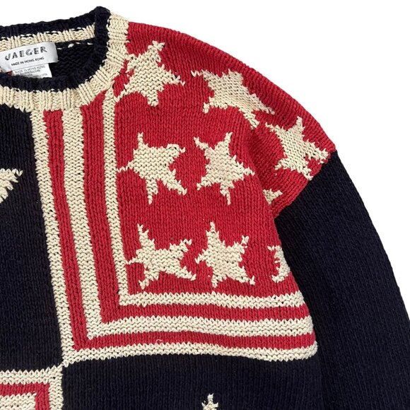 Vintage Jaeger Hand Knit Silk Blend Oversized Stars Stripes Flag Sweater Medium - Picture 4 of 11